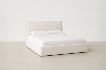 Floatica_white_full size bed
Minimal flat-pack upholstered bed in grey microfiber leather with curved edges – Canadian modern bed design