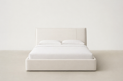 Floatica_white_full size bed
Minimal flat-pack upholstered bed in grey microfiber leather with curved edges – Canadian modern bed design