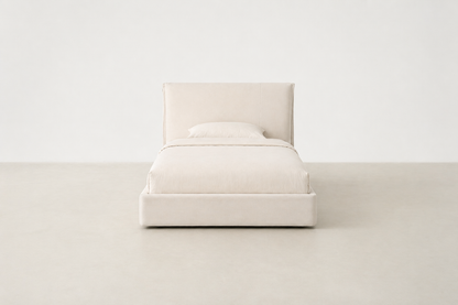 Floatica_white_twin size bed
Minimal flat-pack upholstered bed in grey microfiber leather with curved edges – Canadian modern bed design