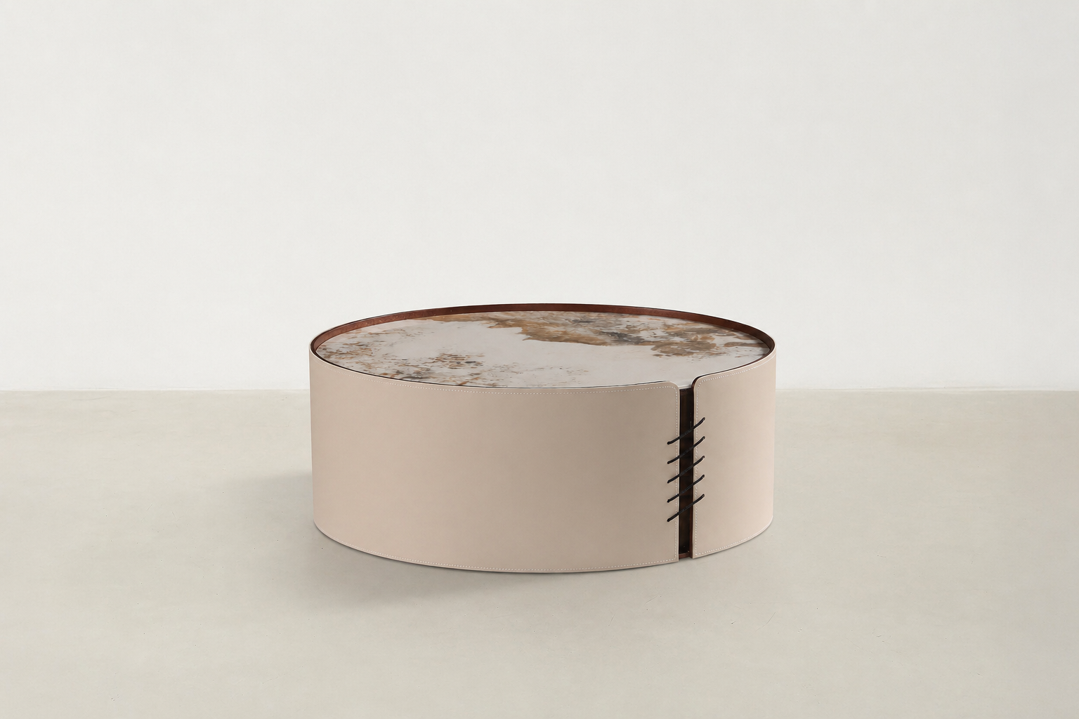 Gafande round nesting coffee table set with sintered stone tops and vegan leather sides – modern Canadian furniture