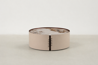 Gafande round nesting coffee table set with sintered stone tops and vegan leather sides – modern Canadian furniture