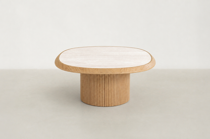 Japandi-inspired Galatero pairs a travertine-look tempered-glass top with an oak fluted pedestal, delivering an airy profile that’s minimal, elegant, and made for everyday living.