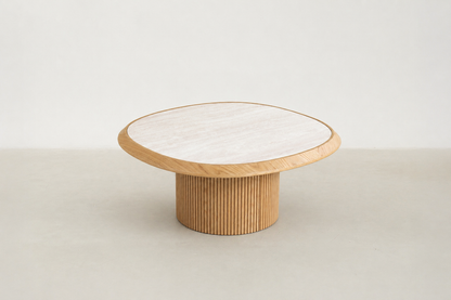 Japandi-inspired Galatero pairs a travertine-look tempered-glass top with an oak fluted pedestal, delivering an airy profile that’s minimal, elegant, and made for everyday living.