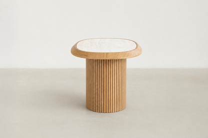 Japandi end table - Galatero with an oak-tone fluted pedestal, delivering sculpture, softness, and everyday durability. Perfect beside a sofa or bed when you want clean lines with quiet luxury.