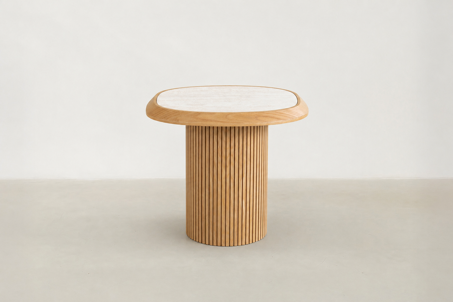 Japandi end table - Galatero with an oak-tone fluted pedestal, delivering sculpture, softness, and everyday durability. Perfect beside a sofa or bed when you want clean lines with quiet luxury.