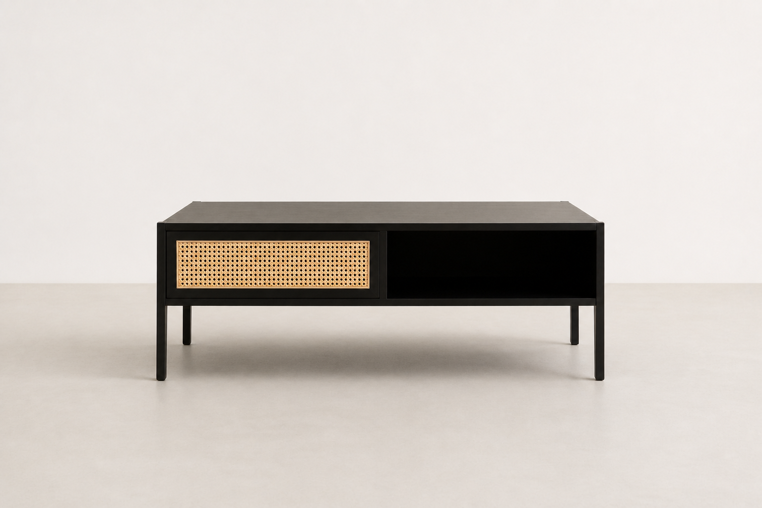 Geviso Japandi coffee table with oak veneer top, cane detail, sliding door storage, and black steel legs