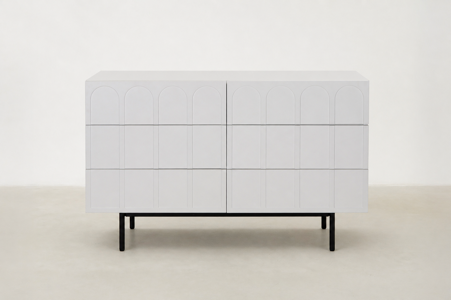 Halitus modern white storage console with 6 drawers and powder-coated black legs