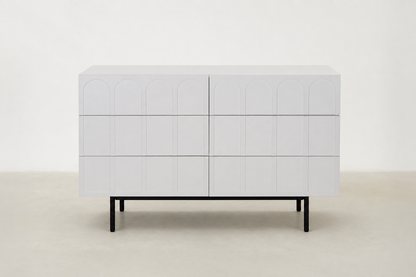 Halitus modern white storage console with 6 drawers and powder-coated black legs