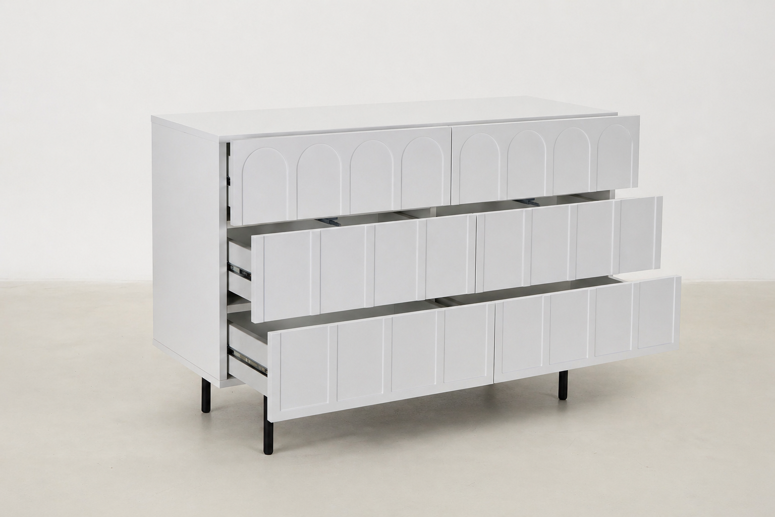 Halitus modern white storage console with 6 drawers and powder-coated black legs