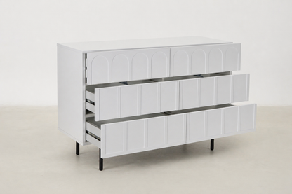 Halitus modern white storage console with 6 drawers and powder-coated black legs