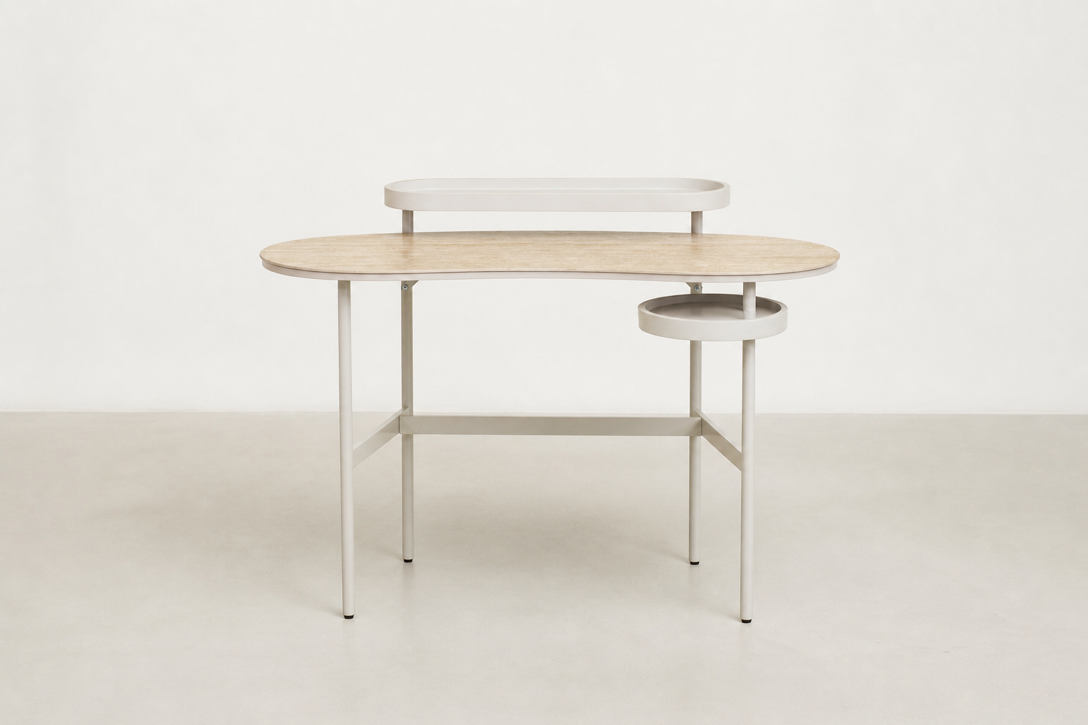Kouri modern desk with travertine-style glass top and built-in shelf storage