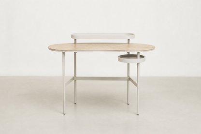 Kouri modern desk with travertine-style glass top and built-in shelf storage