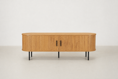 Fluted oak TV cabinet with sliding doors – Lesozov Japandi media console
