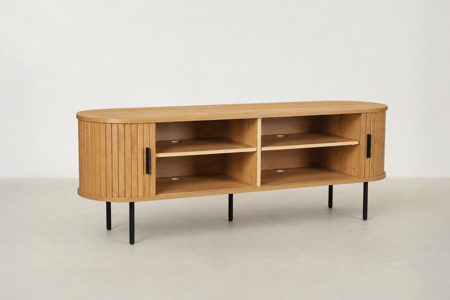 Fluted oak TV cabinet with sliding doors – Lesozov Japandi media console