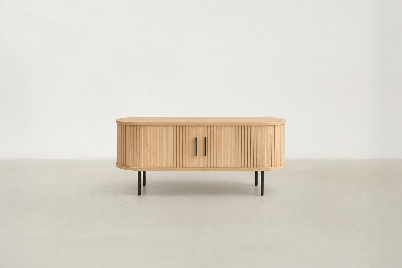 Lizov mid-century TV stand in warm oak veneer with tambour sliding doors and black metal legs