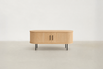 Lizov mid-century TV stand in warm oak veneer with tambour sliding doors and black metal legs