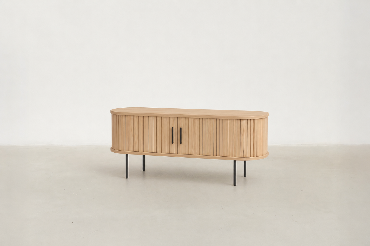 Lizov mid-century TV stand in warm oak veneer with tambour sliding doors and black metal legs