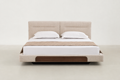 Macar Japandi-style cream upholstered bed with walnut wood accent and low-profile frame