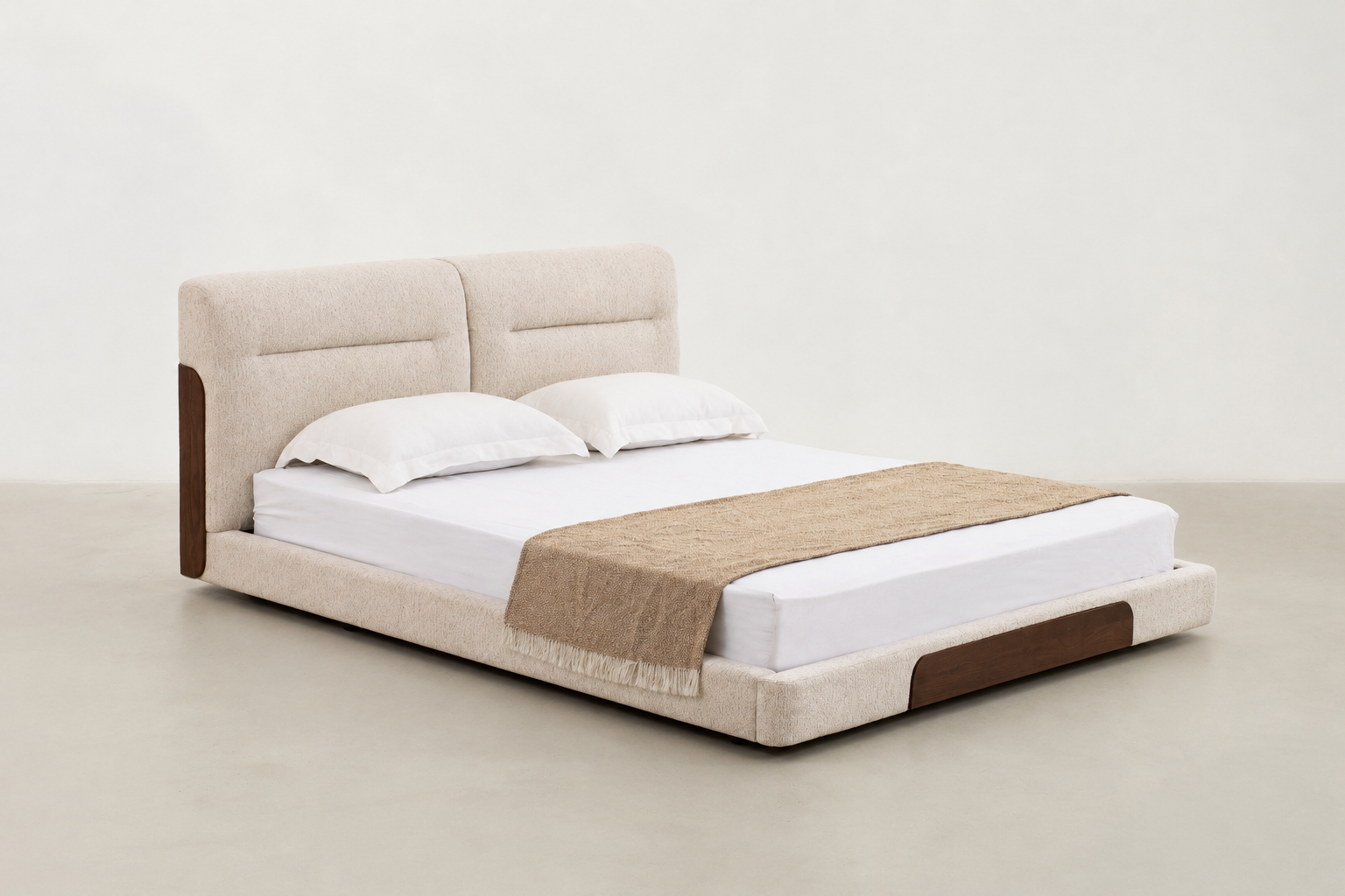 Macar Japandi-style cream upholstered bed with walnut wood accent and low-profile frame