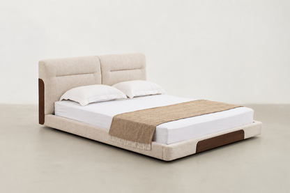 Macar Japandi-style cream upholstered bed with walnut wood accent and low-profile frame
