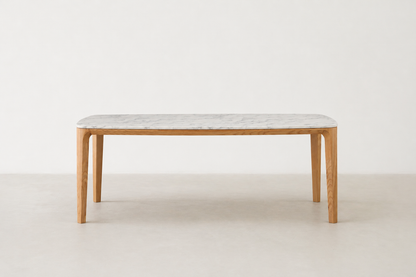Maldola dining table with Carrara marble top and oak wood base in Japandi style