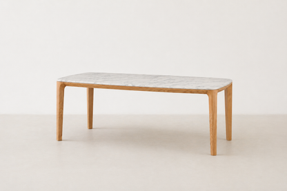 Maldola dining table with Carrara marble top and oak wood base in Japandi style