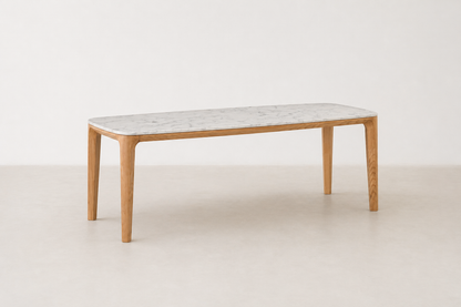 Maldola dining table with Carrara marble top and oak wood base in Japandi style