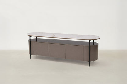 Mepul Luxe TV stand with white stone-pattern sintered stone top and black steel legs