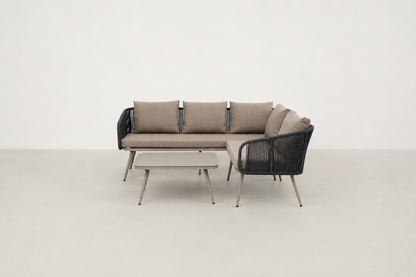 Beruvik Luxe outdoor patio set with all-weather rope seating and tempered glass coffee table