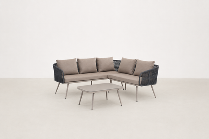 Beruvik Luxe outdoor patio set with all-weather rope seating and tempered glass coffee table
