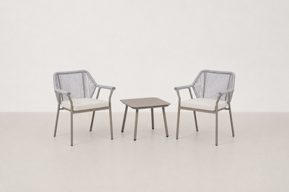 Geirsa Japandi outdoor chair and coffee table set with all-weather rope and tempered glass top