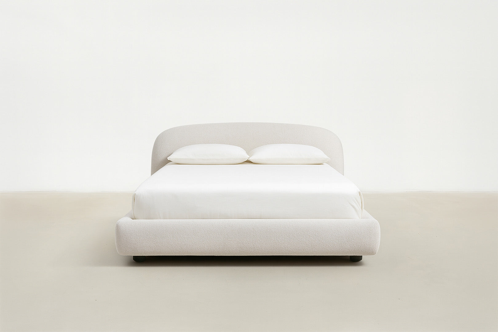 Front view of Hoku boucle storage bed with lift-up storage