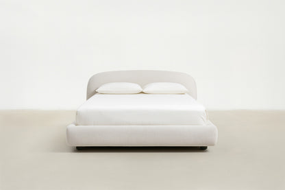 Front view of Hoku boucle storage bed with lift-up storage
