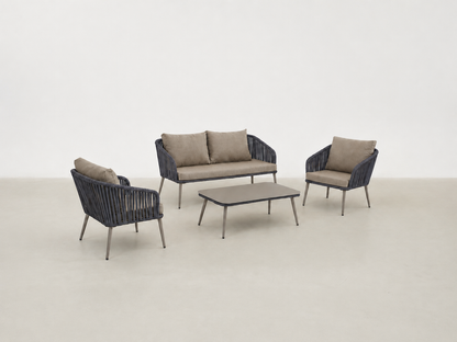 Krokr Luxe outdoor patio set with all-weather rope seating and tempered glass coffee table