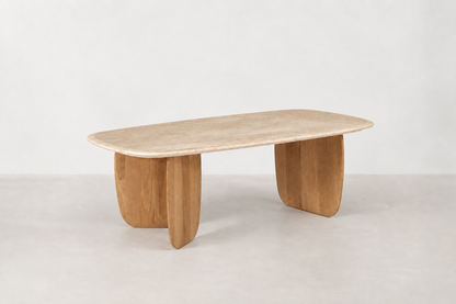 Orolusia Japandi coffee table with genuine travertine marble top and oak veneer base