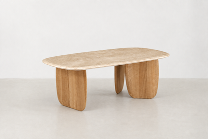 Orolusia Japandi coffee table with genuine travertine marble top and oak veneer base