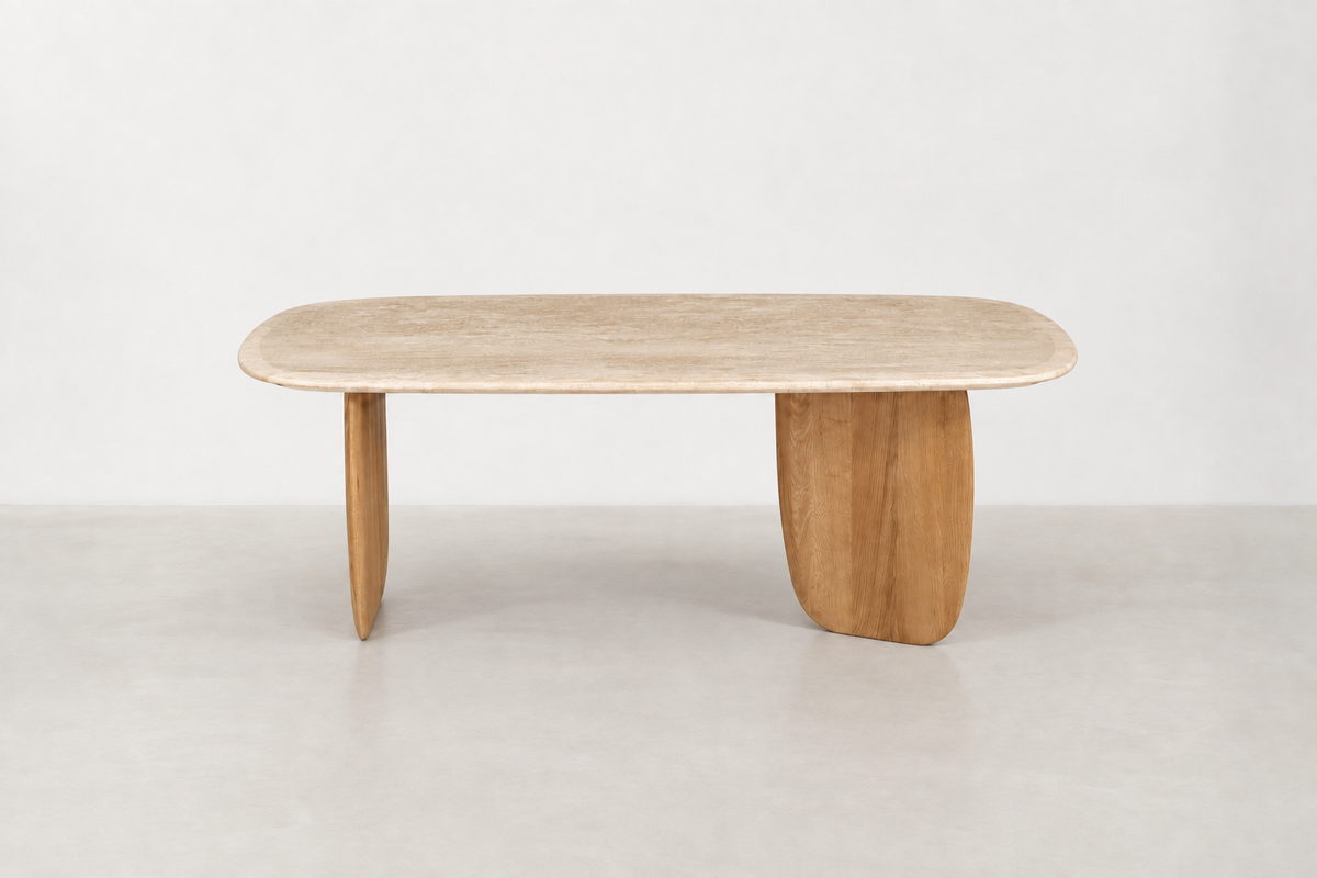 Orolusia Japandi coffee table with genuine travertine marble top and oak veneer base