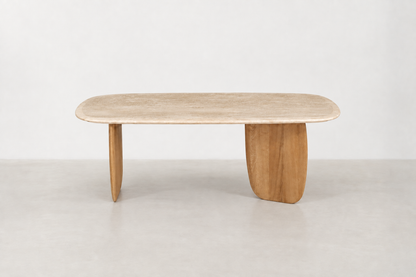 Orolusia Japandi coffee table with genuine travertine marble top and oak veneer base