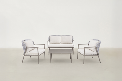 Sandvik Japandi outdoor patio set with all-weather rope seating and tempered glass coffee table