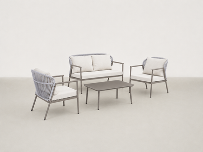Sandvik Japandi outdoor patio set with all-weather rope seating and tempered glass coffee table