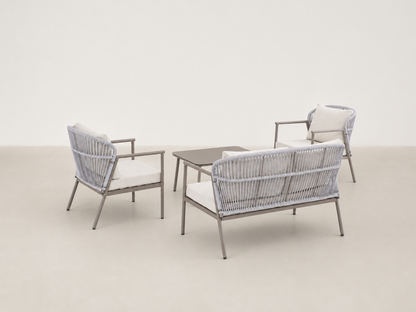 Sandvik Japandi outdoor patio set with all-weather rope seating and tempered glass coffee table