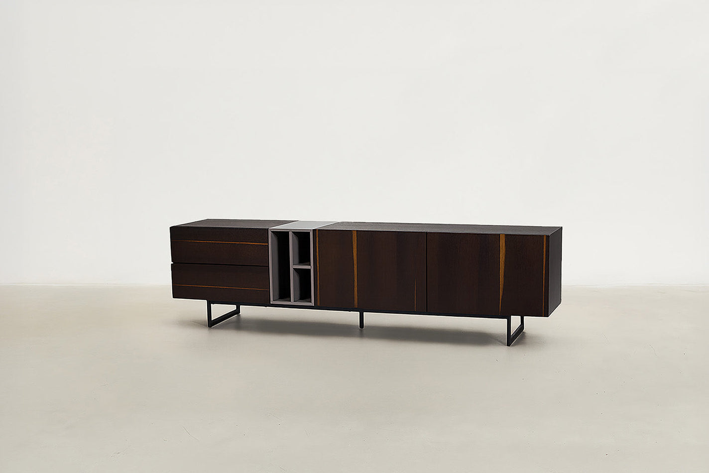 "Soluga modern walnut TV stand with smoked red wood finish, open shelving, and push-to-open drawers in a low profile media console design.
"