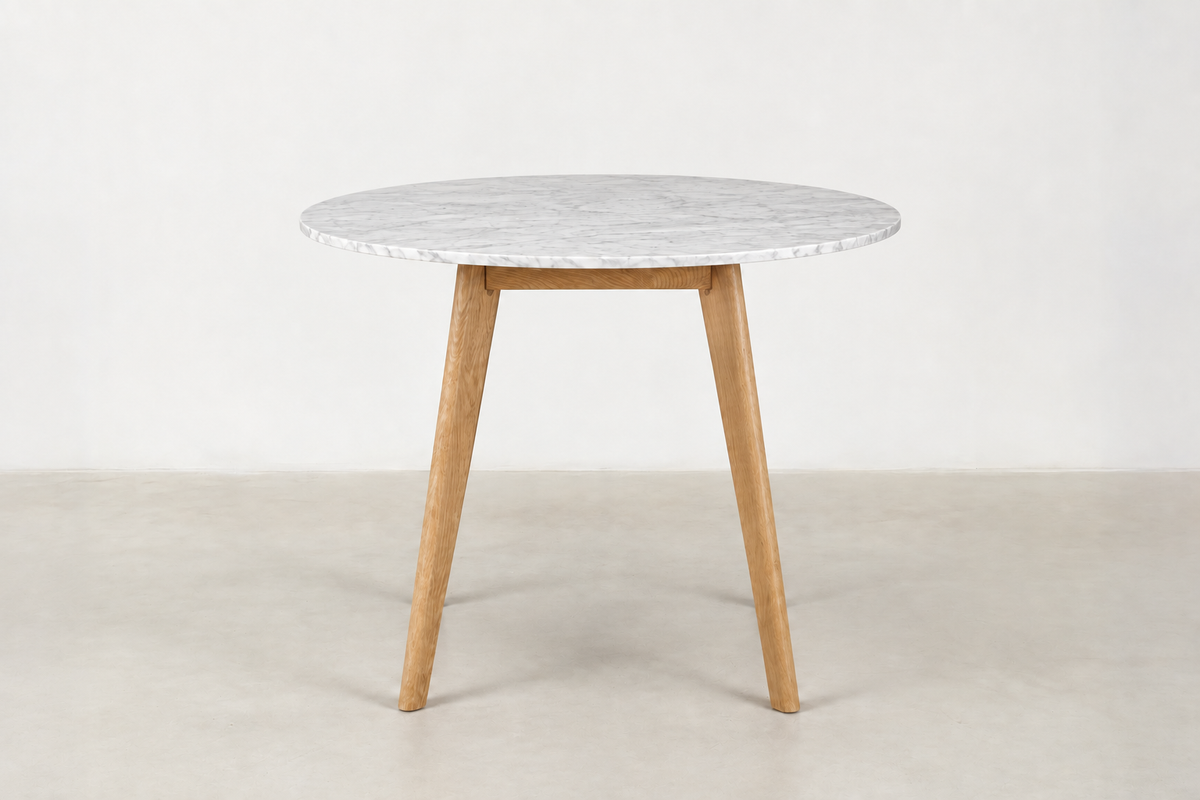 Tami Japandi round dining table with polished Carrara white marble top and solid wood legs
