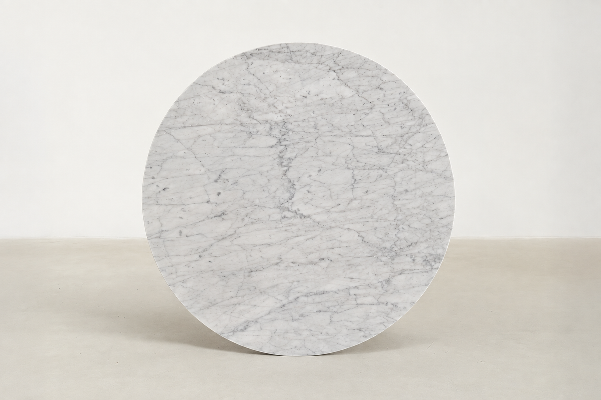 Tami Japandi round dining table with polished Carrara white marble top and solid wood legs