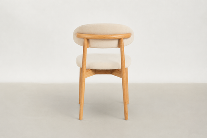Zamowa Japandi dining chair with soft weave fabric, curved back support, and solid oak legs