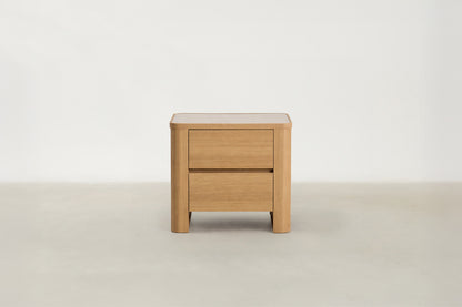 Nakau Japandi nightstand with travertine-look top and oak veneer body
