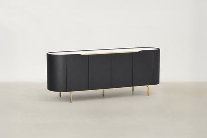 Orion Luxe sideboard with white sintered stone top, matte black body, and gold-plated legs
