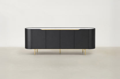 Orion Luxe sideboard with white sintered stone top, matte black body, and gold-plated legs