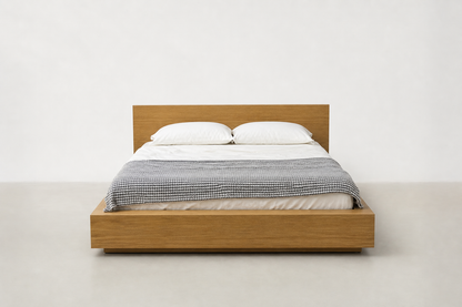 Otaleo Japandi bed in natural oak veneer with low-profile frame and thick sideboards