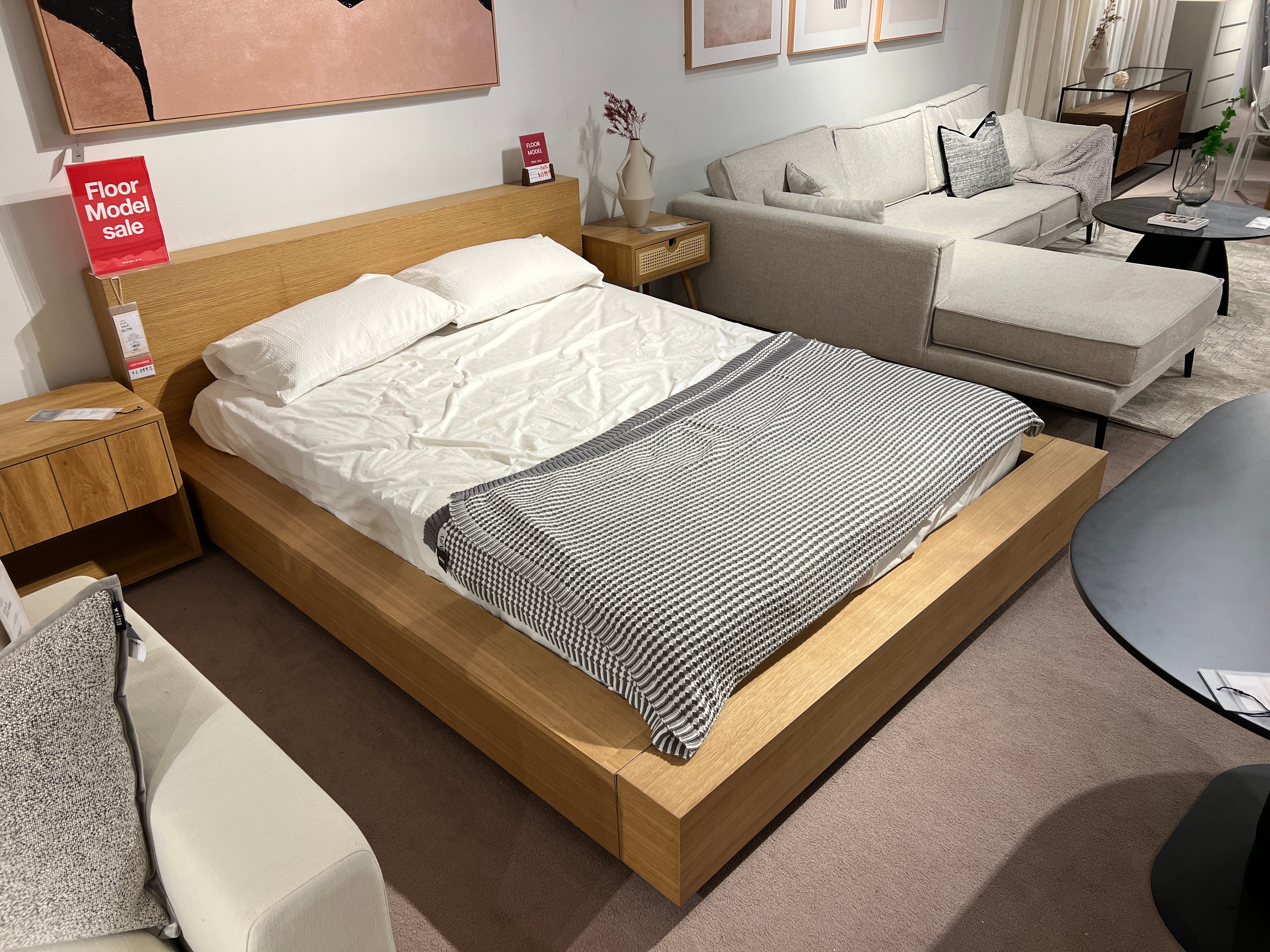 Otaleo Japandi bed in natural oak veneer with low-profile frame and thick sideboards